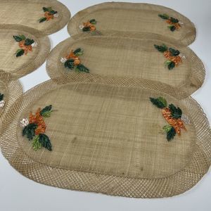 Wicker Straw Placemats Embroidered‎ Carrots Vtg Boho Raffia  19”x13” Oval Set/6